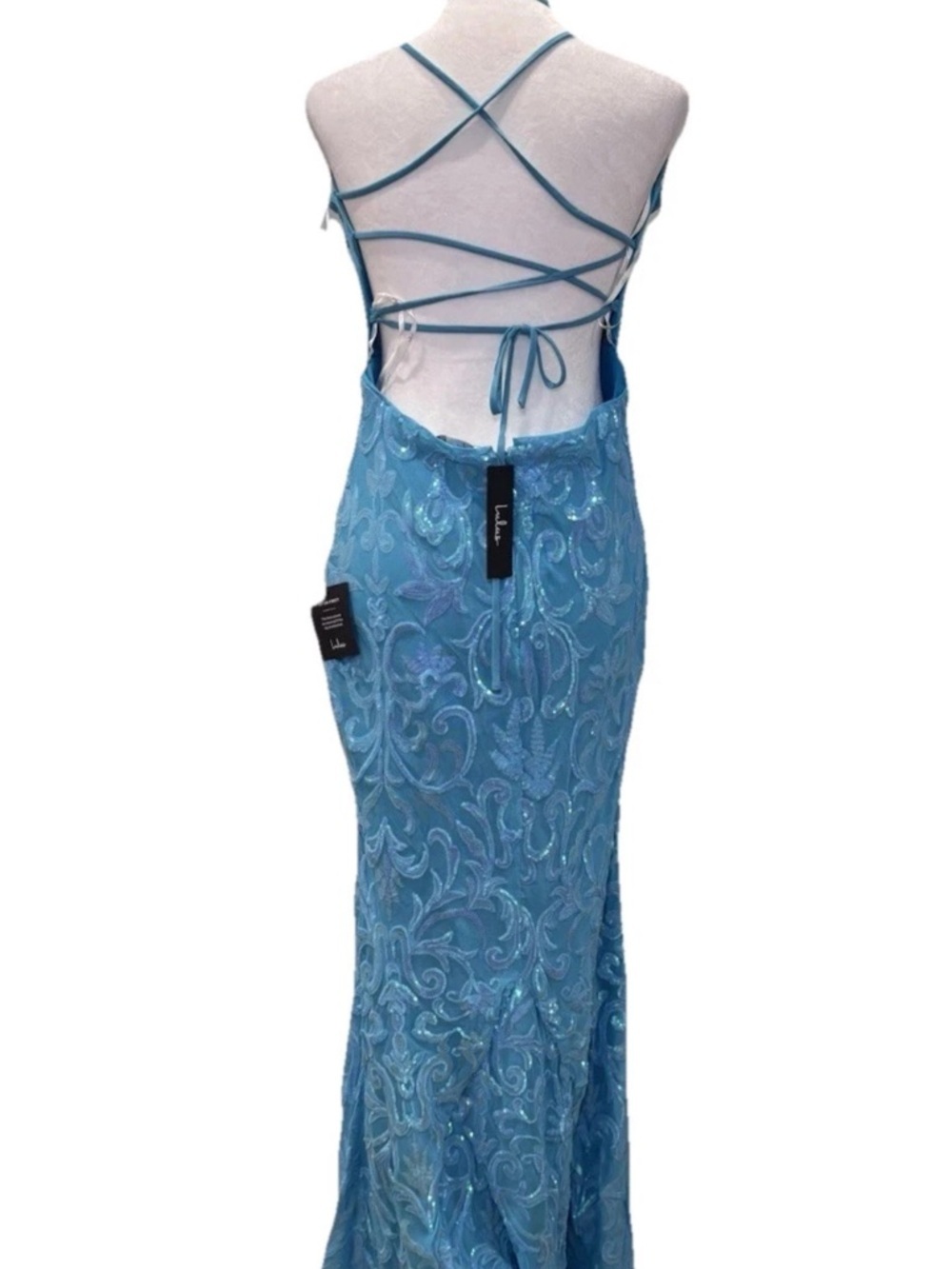 Aqua Blue Sequin Mermaid Gown Lace Up Back Formal Prom Dress Size XL - Picture 7 of 9